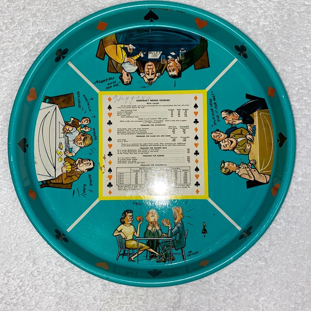 Vintage 60’s bridge blue cartoon metal card game tray